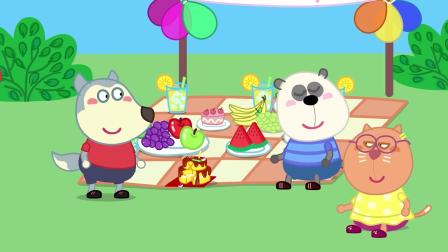 儿童卡通动漫：沃夫和小熊用积木做了生日蛋糕，小鼹鼠很开心