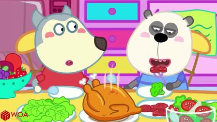儿童卡通动画：熊猫爸爸做了一桌子美食招待沃尔夫