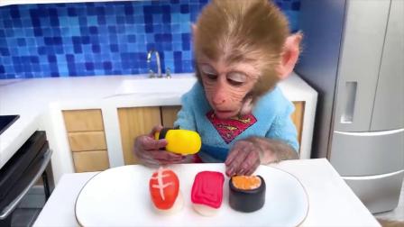 有趣小猴子：小猴子奇奇肚子饿了，快来品尝美味寿司！