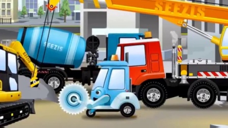 儿童工程车动画 水泥搅拌车吊车挖掘机土方车推土机钩机在工地了