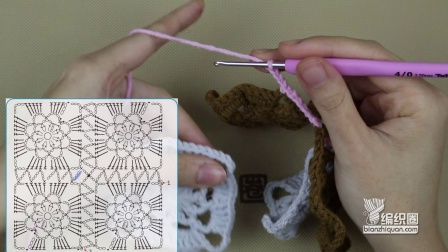 织完花片后用镂空网格编织连接四个花片织法和图解