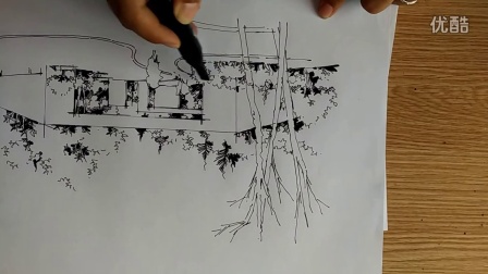 园林景观手绘线稿示范（下） 公园广场景墙、风景园林设计手绘   宋旺手绘