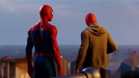 《蜘蛛侠：平行宇宙》的迈尔斯向彼特请教并交流技术。