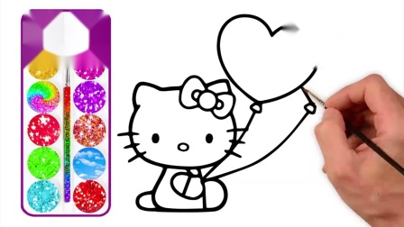 hello kitty 凯蒂猫拿着五彩气球打招呼简笔画