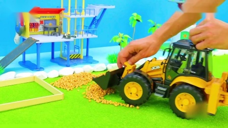 汽车玩具挖掘机伸长手臂从货车车厢扒拉玉米粒